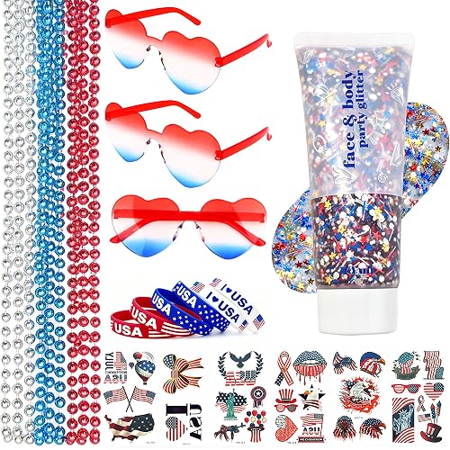 4th of July Accessories Set, 25Pcs Patriotic Outfit Kit with Star Glasses, Beaded Necklaces, Bracelets, Red White Blue Face Glitter Gel, Temporary