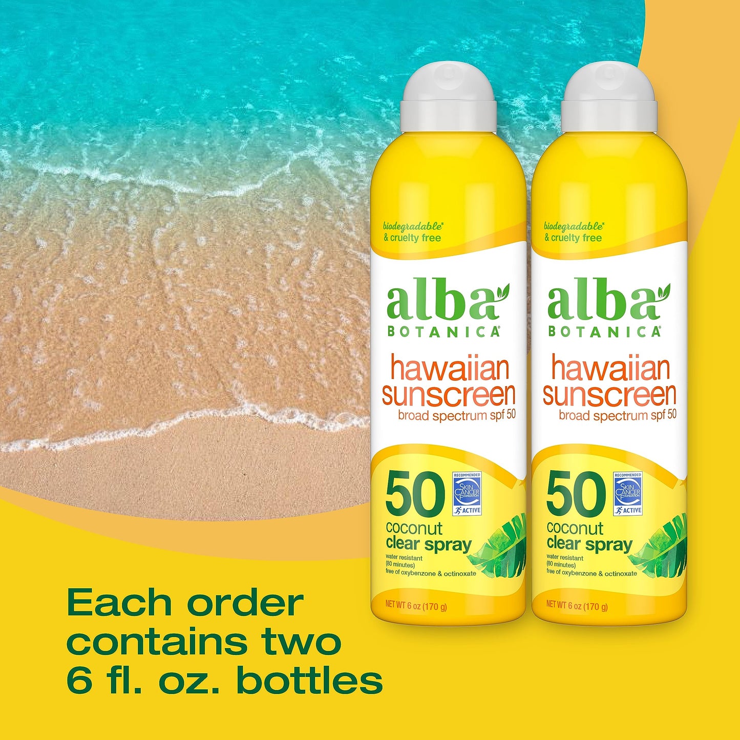 Alba Botanica Sunscreen Spray for Face and Body, Broad Spectrum SPF 50 Sunscreen, Hawaiian Coconut, Water Resistant and Biodegradable, 6 fl. oz