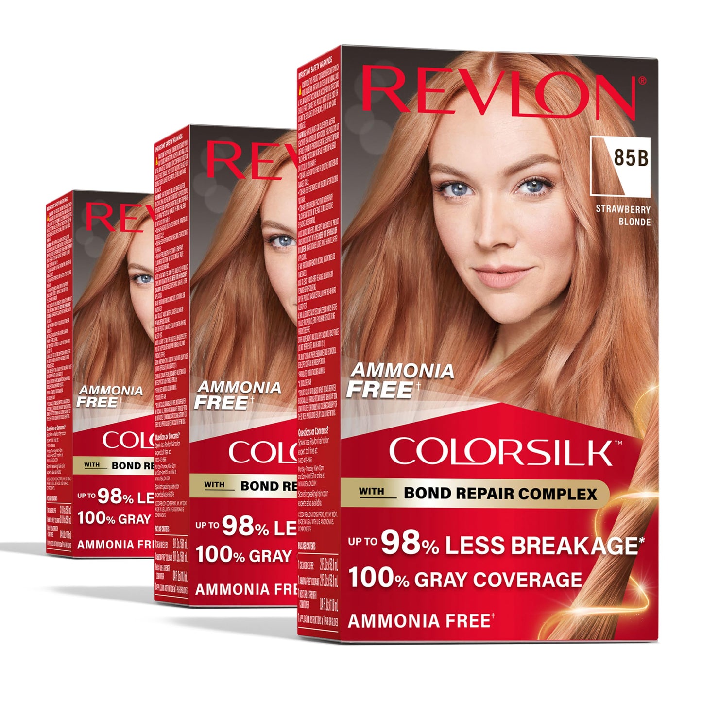 Revlon ColorSilk with Bond Repair Complex, Blonde Permanent Hair Color, 100% Gray Coverage, Ammonia Free Hair Dye, Vegan Keratin, 85B Strawberry