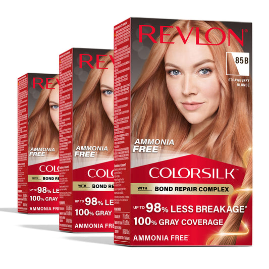 Revlon ColorSilk with Bond Repair Complex, Blonde Permanent Hair Color, 100% Gray Coverage, Ammonia Free Hair Dye, Vegan Keratin, 85B Strawberry