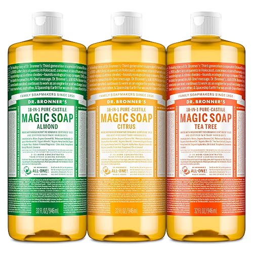 Dr. Bronner's Pure-Castile Magic Liquid Soap - Made with Organic Oils 32 oz (3-Pack) Almond, Citrus, Tea Tree, Body Wash, Face, Dish, Laundry, Pet