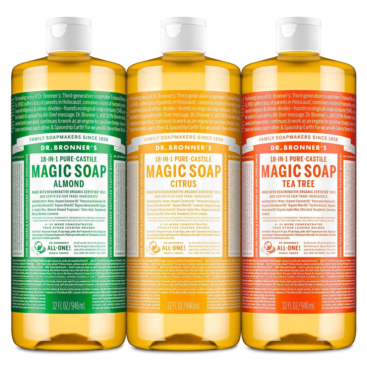 Dr. Bronner's Pure-Castile Magic Liquid Soap - Made with Organic Oils 32 oz (3-Pack) Almond, Citrus, Tea Tree, Body Wash, Face, Dish, Laundry, Pet