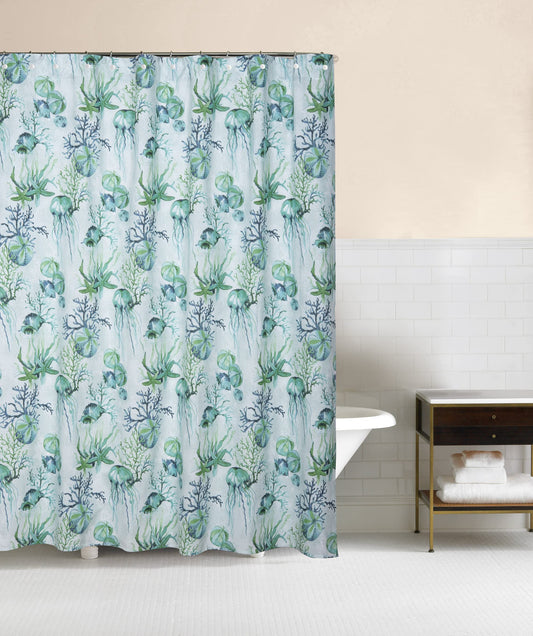 C&F Home Shorecrest Shower Curtain Green Teal Seafoam Coastal Nautical Ocean Jellyfish Coral Sand Dollar Cool Colors Reversible Wave Ripple Pattern…