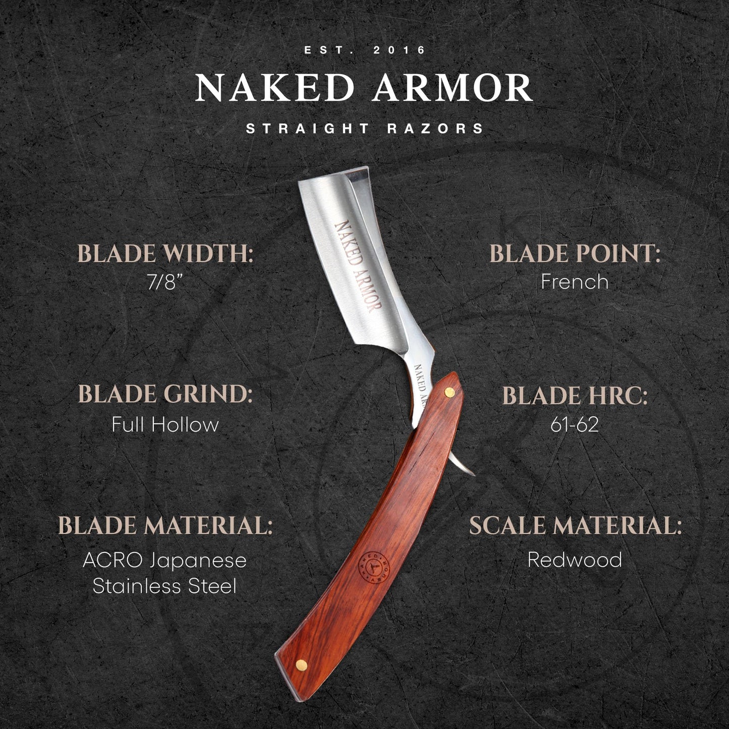 Naked Armor Thor Straight Razor - Shave Ready 7/8" French Nose Japanese Stainless Steel Straight Razors for Men with Redwood Scale, Case Included Beauty and Personal Care Naked Armor