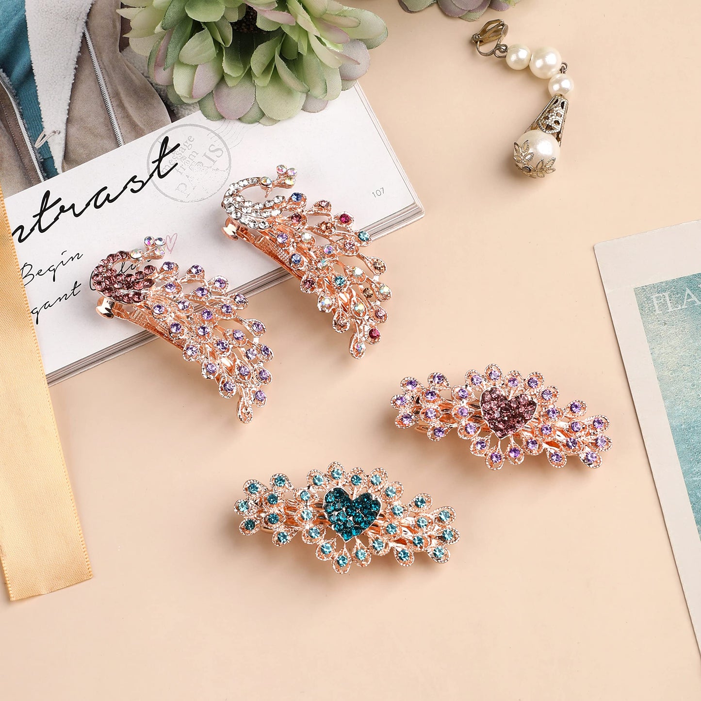 QXUJI 4PCS Crystal Rhinestones Hair Clips, Sparkly Glitter Flower Peacock Hair Barrettes, Metal Spring Hair Pins Snap Accessories, for Women Girls