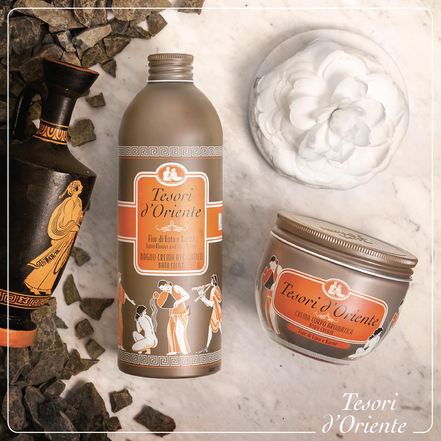 Tesori d'Oriente: "Fior Di Loto e Karité" ("Lotus Flower and Shea Butter") Bath Cream - 16.9 Fluid Ounces (500ml) Bottle [ Italian Import ]