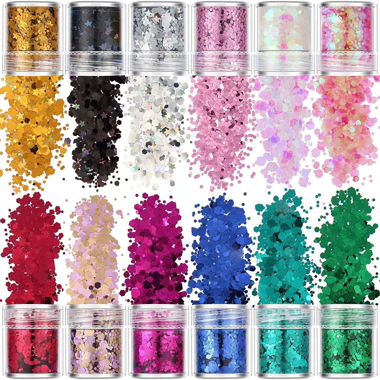 Komanic Chunky Glitter 12 Colors Face Body Eye Hair Nail Festival Holographic Stars and Hexagons Craft Glitter for Resin/Tumblers/Slime, Festival