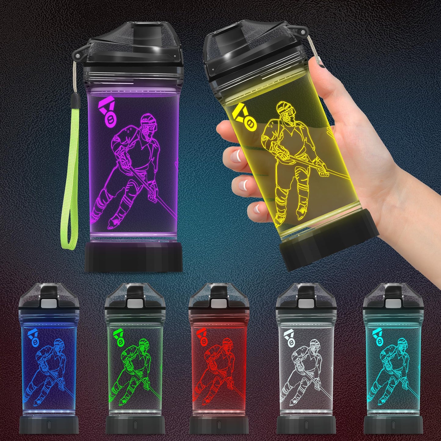 CoolGift Mart Hockey Gifts, Light Up 3D Hockey Player Water Bottle, 14oz Tritan BPA Free - Best Gift for 4 5 6 7-Year-Old Boys Girls- Kids Drinking