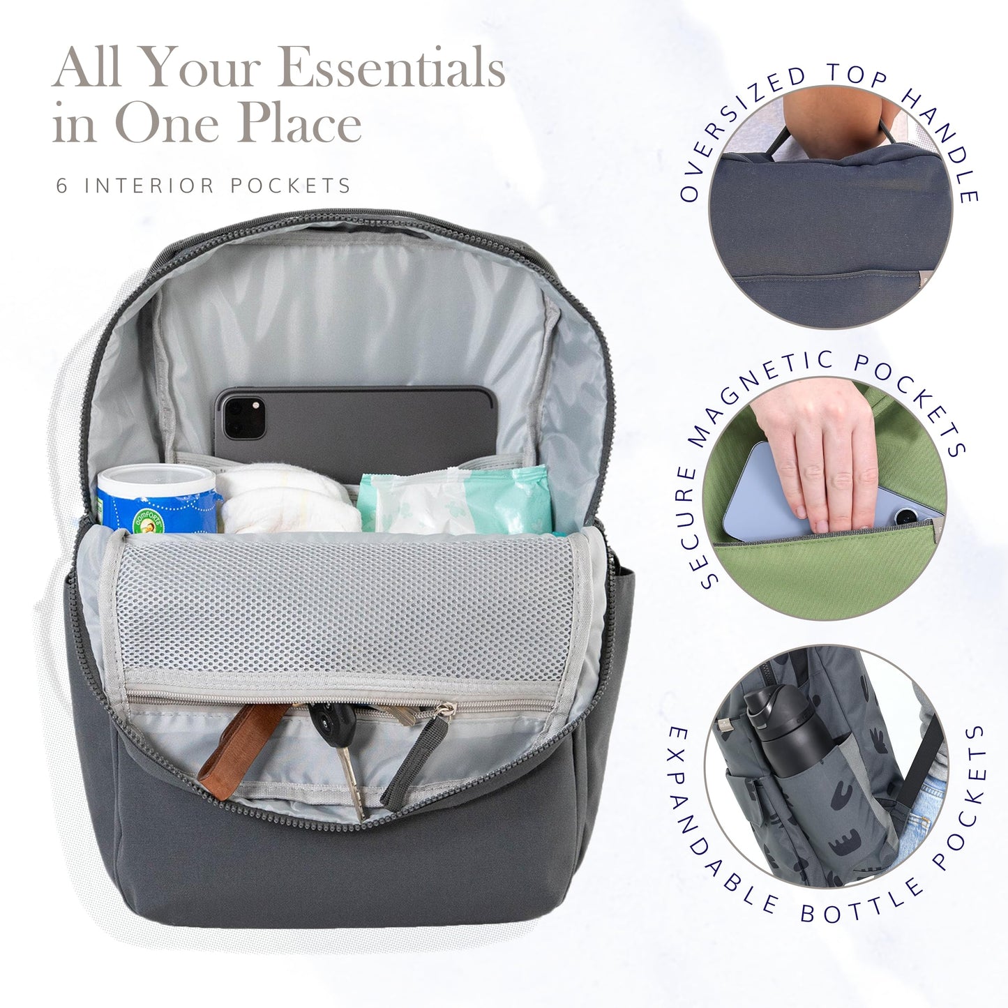 RED ROVR Roo Lightweight 1 LB Diaper Bag Backpack | 11 organizational pockets| Durable & Water-Resistant (Charcoal Doodle)