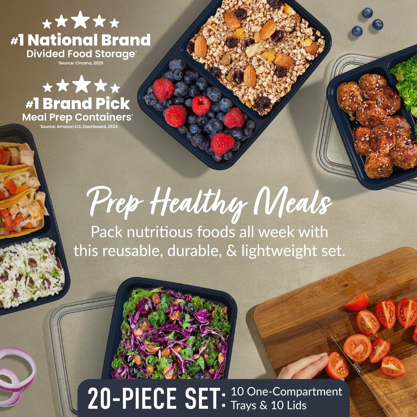 Bentgo Prep - 20-Piece 2-Compartment Reusable Meal Prep Containers with Lids, PFAS & BPA Free Materials, Durable, Microwave, Freezer, & Dishwasher…