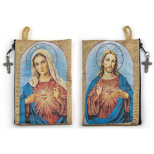 catholic rosary pouch, immaculate heart of mary & sacred jesus, 4" x 6" jewelry coin purse with cross, small woven tapestry icon bag, bolsa de…