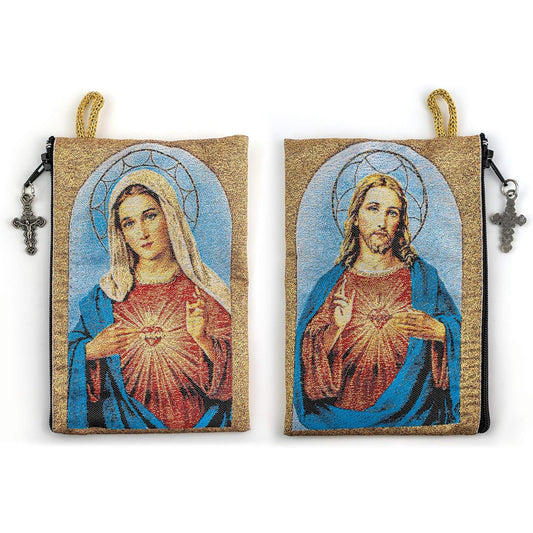 catholic rosary pouch, immaculate heart of mary & sacred jesus, 4" x 6" jewelry coin purse with cross, small woven tapestry icon bag, bolsa de…