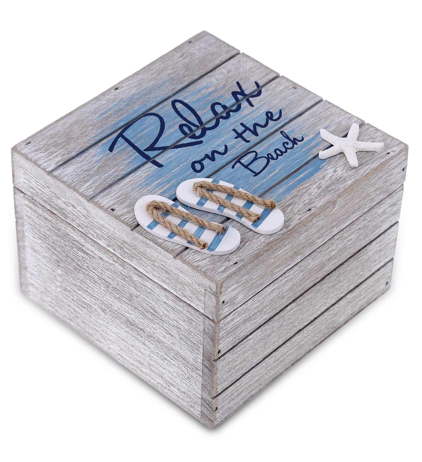 CoTa Global Aqua Sky Relax Wooden Box - Large Handcrafted Nautical Trinket with Sandals and Starfish Decoration, Accent Tabletop Home Decor, Beach…