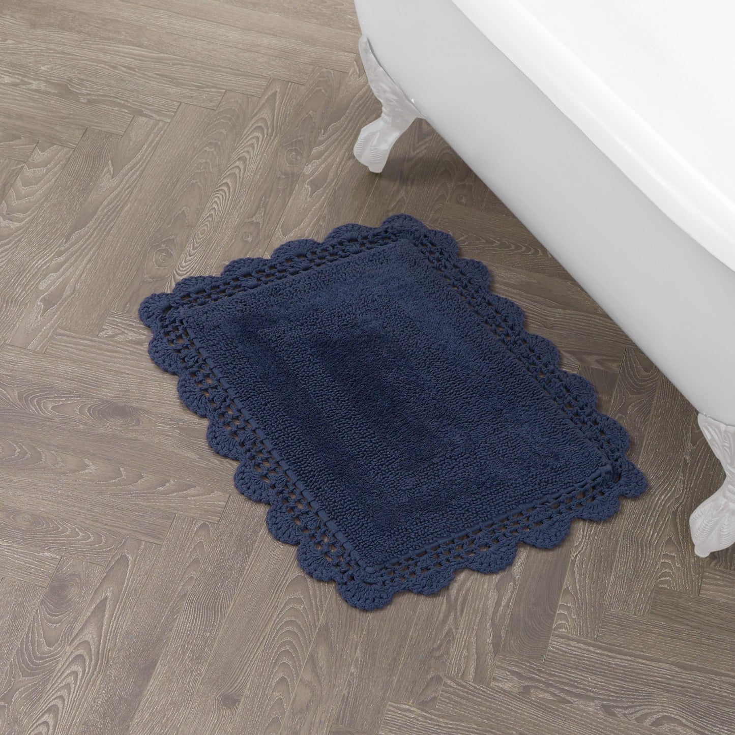 Laura Ashley Absorbent Bath Mat Reversible Crochet Soft and Plush Bathroom Mat 100% Cotton 17x24 Bath Rug, Indigo Blue
