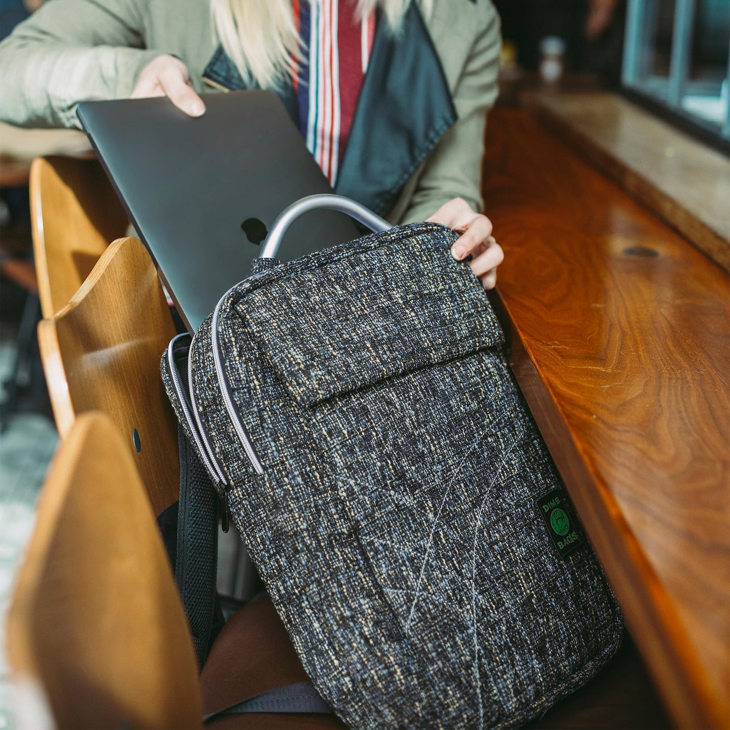DIME BAGS Backpack with Padded Laptop Storage Sleeve, 11 Storage Compartments, Durable Hempster Bag for School, Work, & Travel, Contoured Shoulder Straps, Interchangeable Patch, Slab Bag (Sand)
