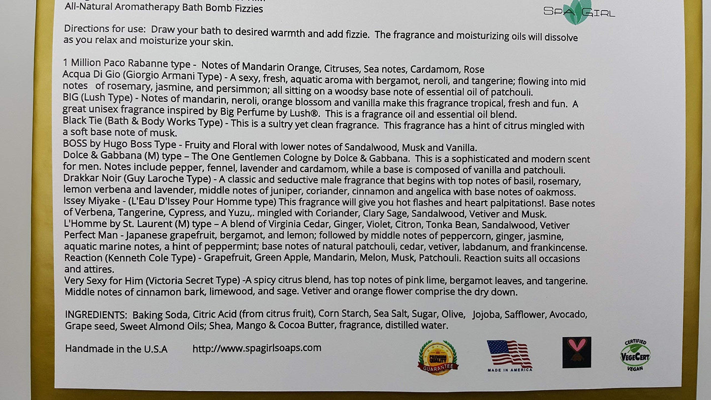 Spa Pure Designer Bath Bombs - for Men, Natural, Organic, large bathbombs, 12 Designer Scents for Men, Elegant Bath Bomb Gift Set (2.5 oz each)