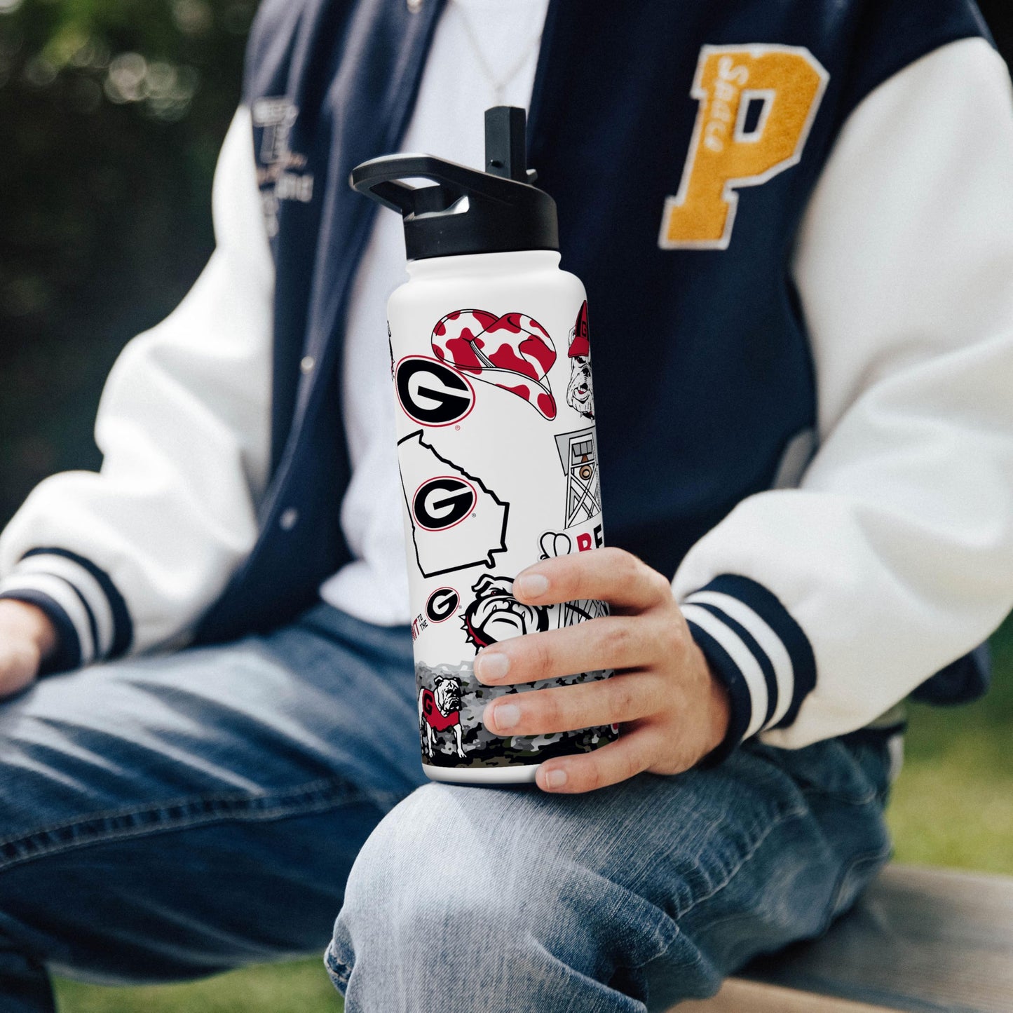 Logo Brands NCAA Georgia Bulldogs 34oz Native Quencher Bottle - Double-Wall Insulated, Stainless Steel, No-Spill Lid, Easy Carry Handle