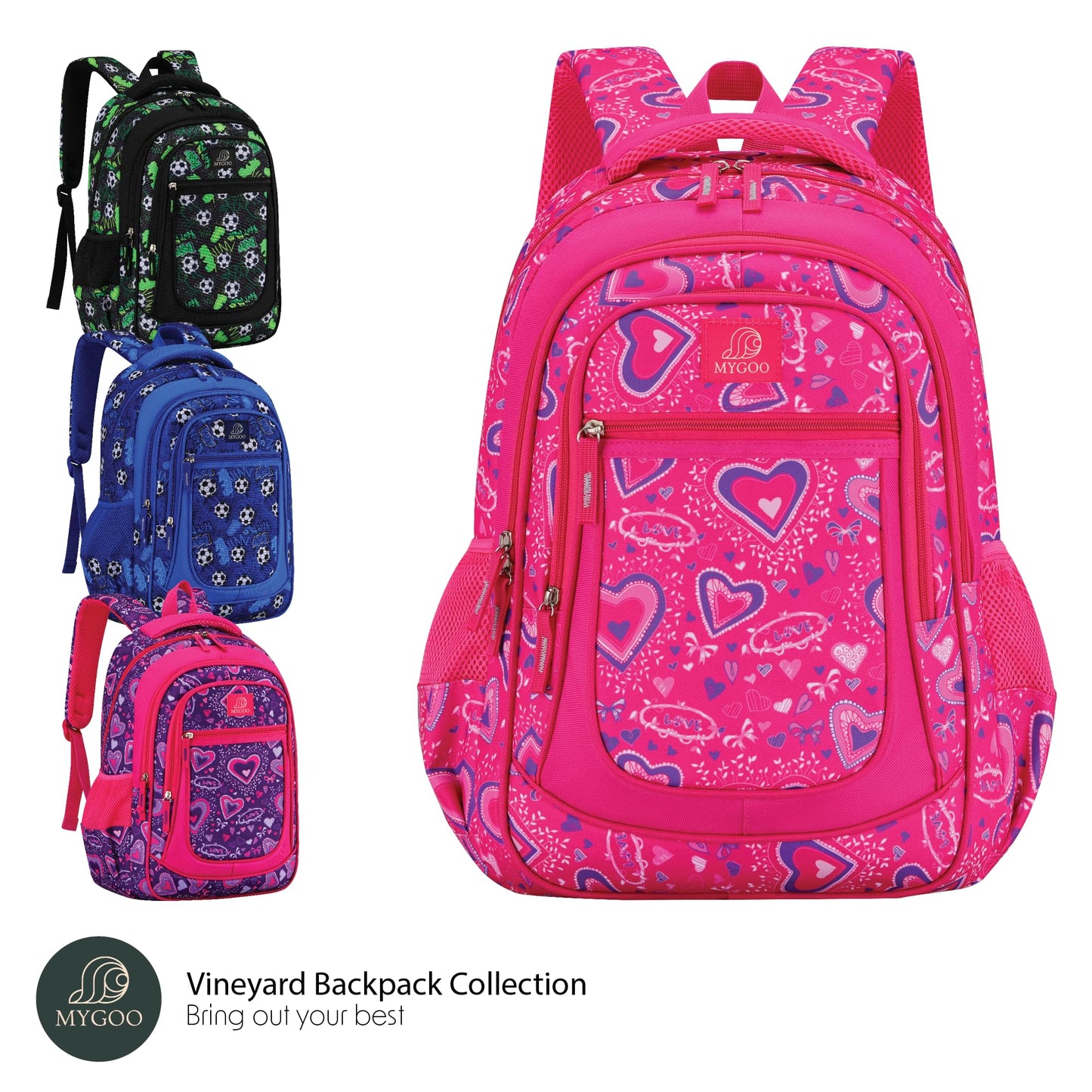 MYGOO Vineyard Elementary Kids Backpack for Girls | 17" Heart Pink | Structured for School Life