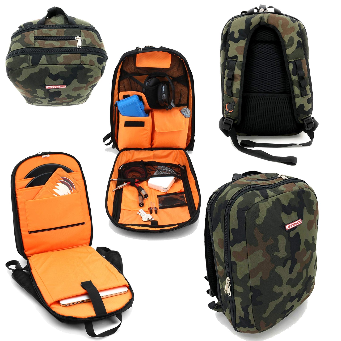 Jetpack Slim Backpack for DVS, Mobile, or Club DJ Gig Set, Bag Carry Laptop, Stand, Tablet, Headphone, Vinyl Records, USB Mobile Devices, Needle Case, Cables, Microphone & More. TSA Compliant (Camo)