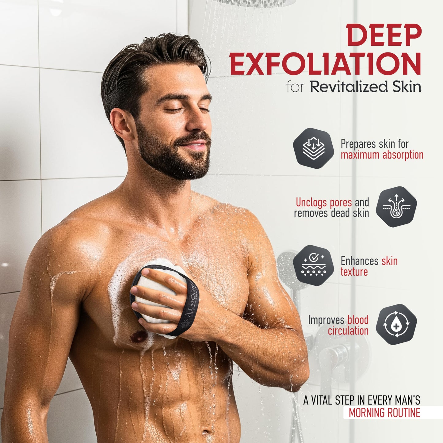 Almooni Natural Exfoliating Loofah for Men, Lightly Abrasive Egyptian Loofah Body Scrubber for Men, Dual-Sided with Cotton Back, Hand Strap, Black Beauty and Personal Care ALMOONI