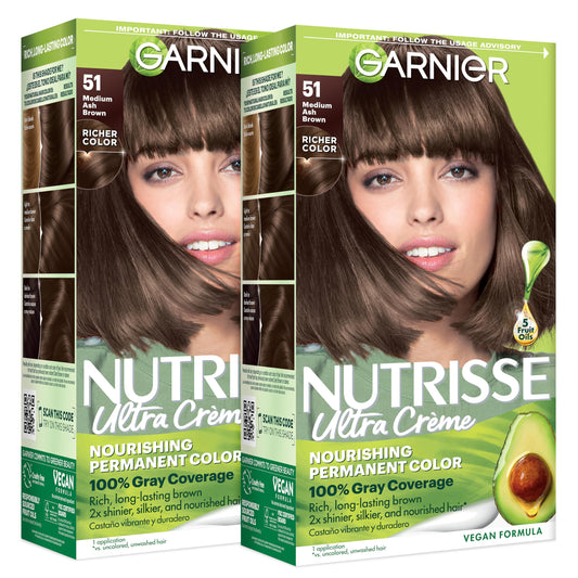 Garnier Nutrisse Ultra Crème Hair Color, Permanent Hair Dye with 100% Gray Coverage, Vegan & Cruelty-Free, 51 Medium Ash Brown (Cool Tea), 2 Count Beauty & Personal Care Garnier
