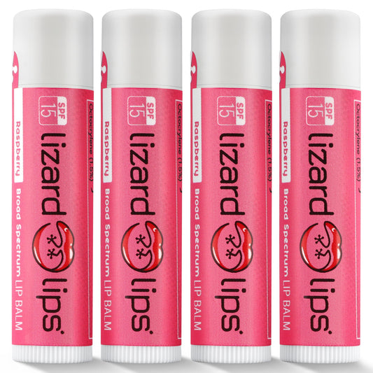 LizardLips Lip Balm SPF 15; Pack of 4 Raspberry, Natural Hydrating Moisturizing Lip Sunscreen; Bright Fruity Flavor; Fun Quirky Beach Vacation Beauty and Personal Care Lizard Lips