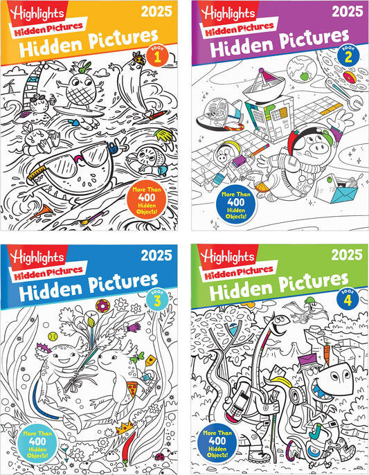 Highlights Hidden Pictures 2025 – 4-Book Activity Set for Kids Ages 6+, Travel-Friendly Seek & Find with Coloring Fun, Screen-Free Play