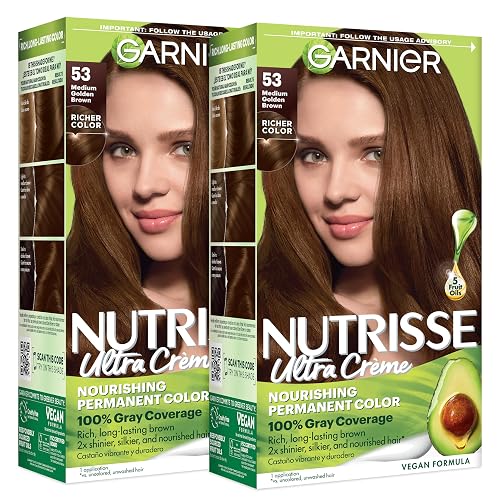 Garnier Nutrisse Ultra Crème Hair Color, Permanent Hair Dye with 100% Gray Coverage, Vegan & Cruelty-Free, 53 Medium Golden Brown (Chestnut), 2 Count