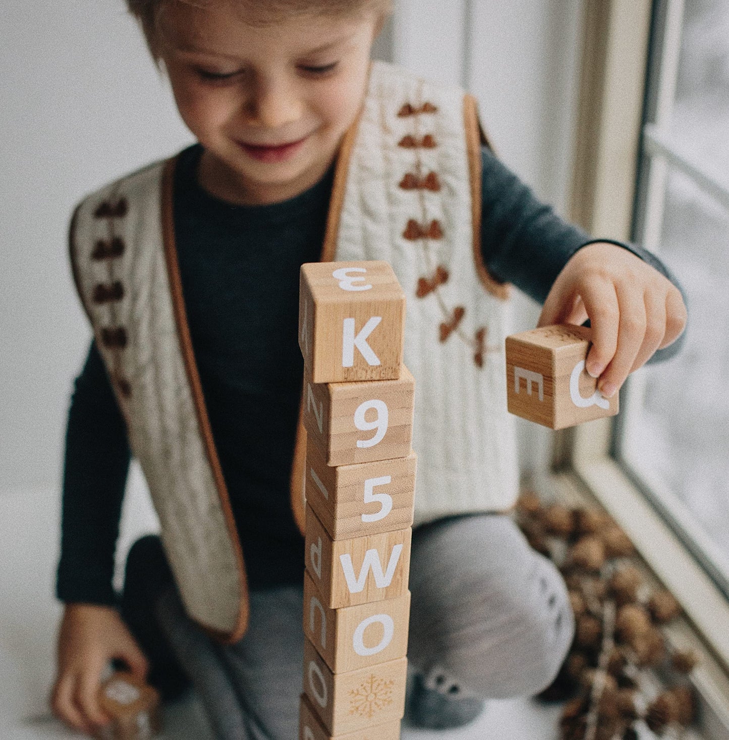 Kinderfeets Bamboo ABC Blocks 18pc – Educational Build & Stack Toy with Letters, Numbers & Symbols for Toddlers 12mo+