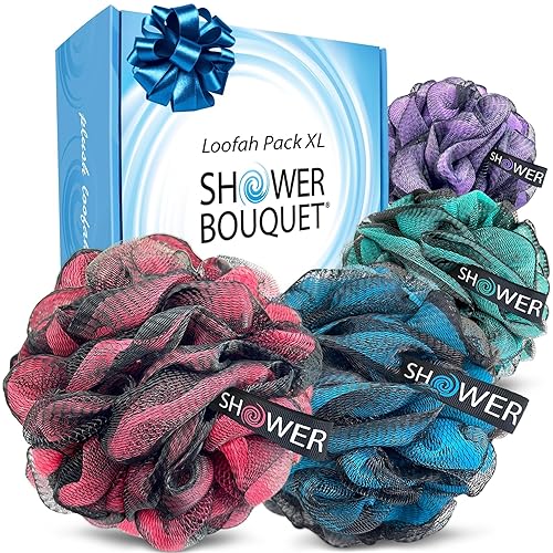 SHOWER BOUQUET Loofah-Charcoal Bath-Sponge XL-Color-4-Pack // Extra Large 75g Soft Mesh Black Luffa Loofa Loufa Puff Set/Exfoliating Body Scrubber