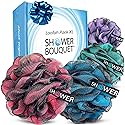 SHOWER BOUQUET Loofah-Charcoal Bath-Sponge XL-Color-4-Pack // Extra Large 75g Soft Mesh Black Luffa Loofa Loufa Puff Set/Exfoliating Body Scrubber