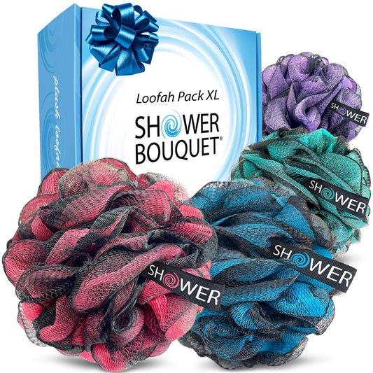 SHOWER BOUQUET Loofah-Charcoal Bath-Sponge XL-Color-4-Pack // Extra Large 75g Soft Mesh Black Luffa Loofa Loufa Puff Set/Exfoliating Body Scrubber
