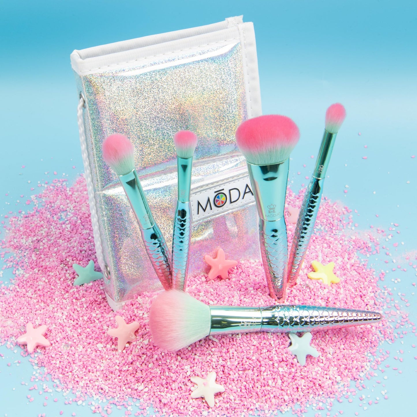 MODA Mythical Splash 6pc Travel-Size Makeup Brush Kit - Vegan Brushes with Holographic Case for Face & Eyes