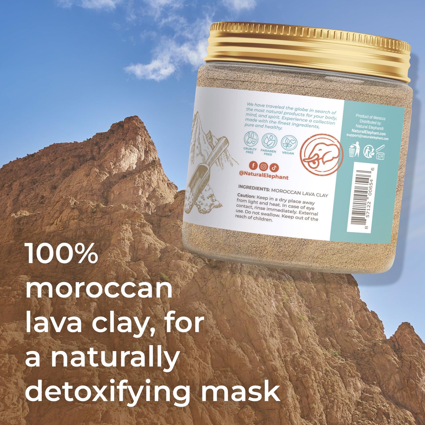 Natural Elephant Ghassoul (Rhassoul) Moroccan Lava Clay Powder | 100% Pure & Natural Face & Body Mask Powder | 200g (7 oz) Jar