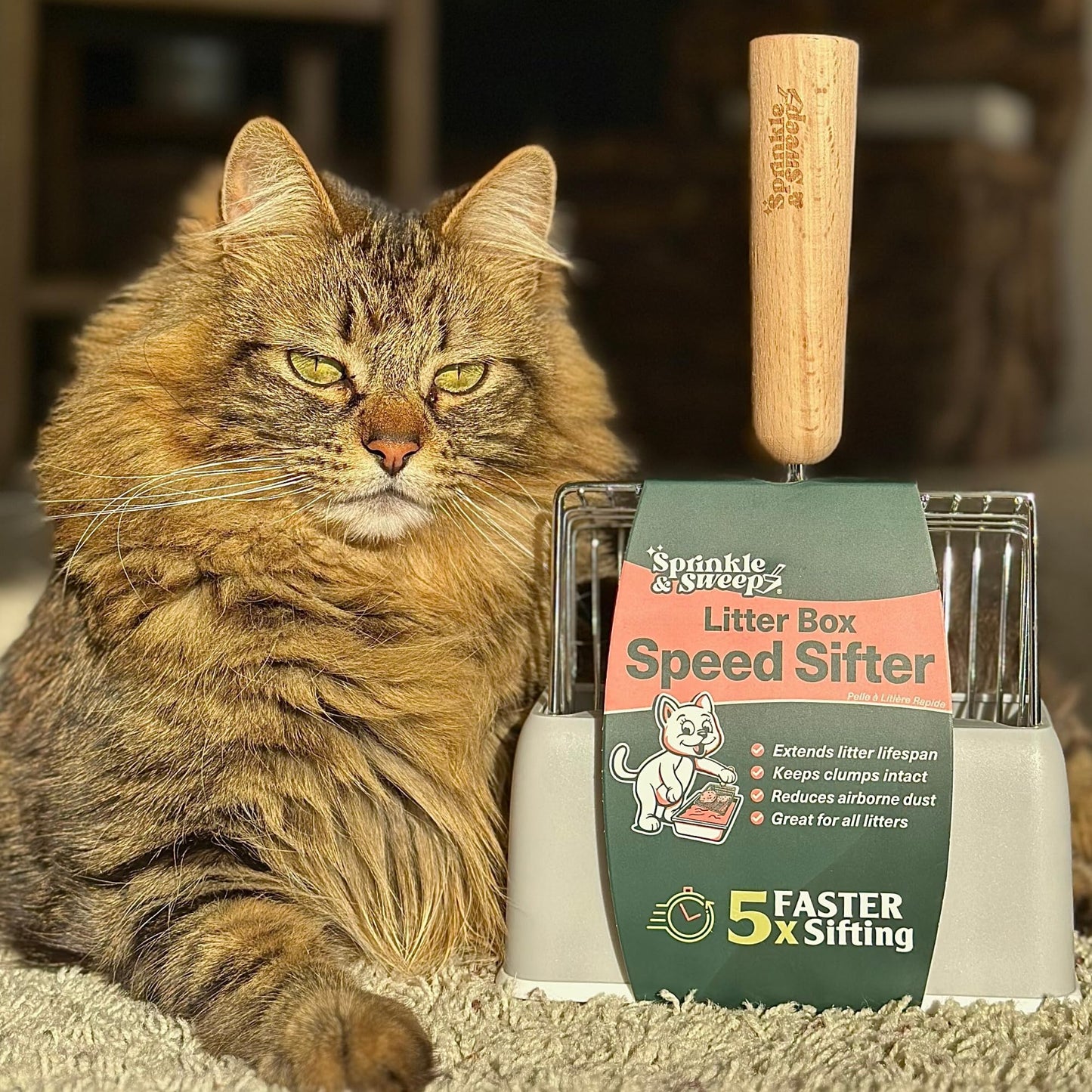 Sprinkle & Sweep Metal Cat Litter Scoop – Heavy Duty Sifter with Beech Wood Grip & Stand, Washable for Fast & Easy Litter Cleaning