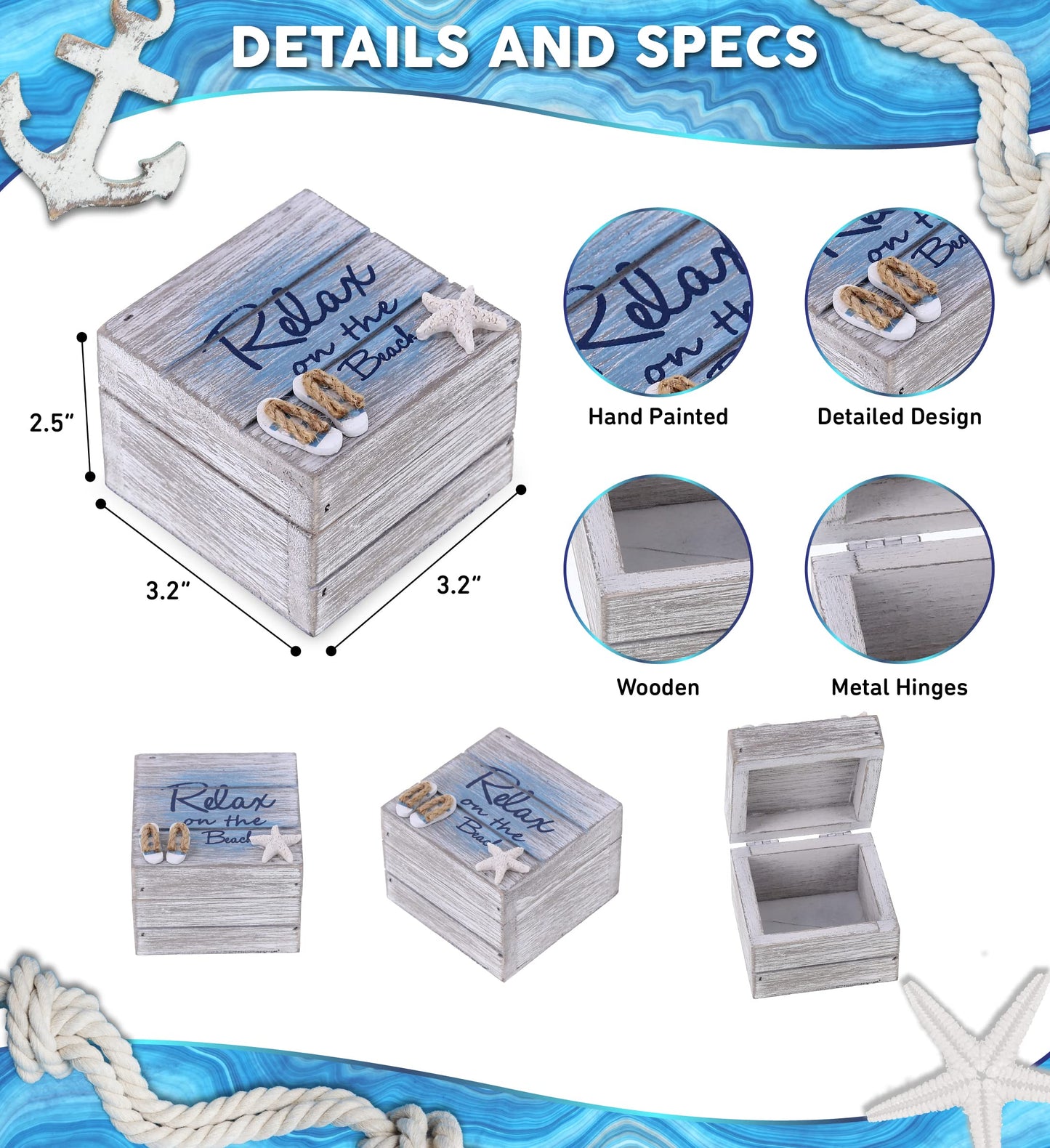 CoTa Global Aqua Sky Relax Wooden Box - Small Handcrafted Nautical Trinket with Sandals and Starfish Decoration, Accent Tabletop Home Decor, Beach…
