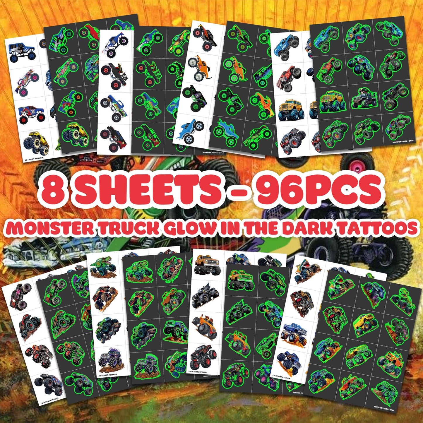 96 PCS Monster Truck Pre-Cut Luminous Glow in the dark Temporary Tattoos Beauty and Personal Care 91TATTOOS