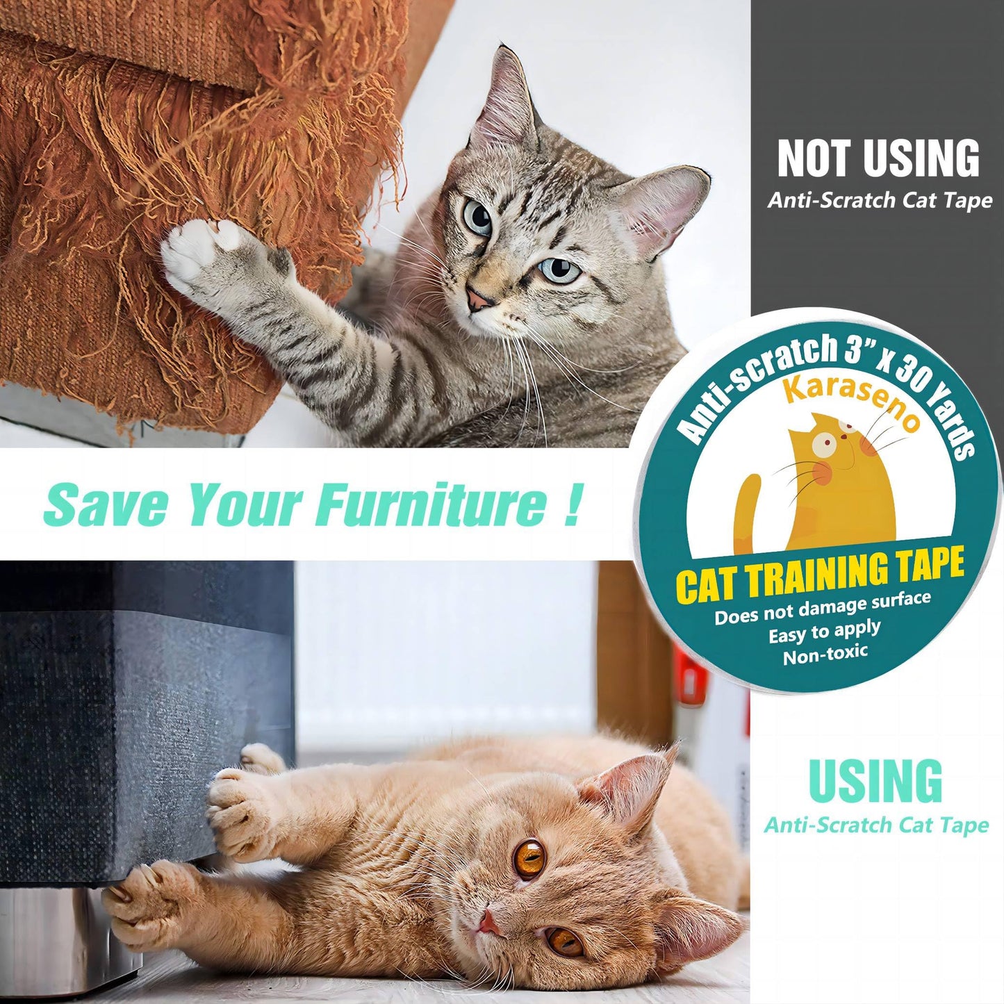 Karaseno Anti-Cat Scratch Tape – 3"x30 Yards Clear Double-Sided Cat Scratch Deterrent, Furniture Protector for Couch, Carpet & Doors, Pet & Kid Safe