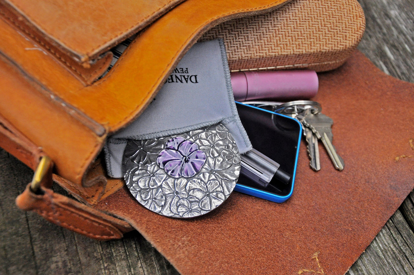 DANFORTH - Pewter Pansy Purse Mirror - Handmade Hand-Held Mirror for Women - Purple Flower Gift Accessories - Made in USA (3 inches)