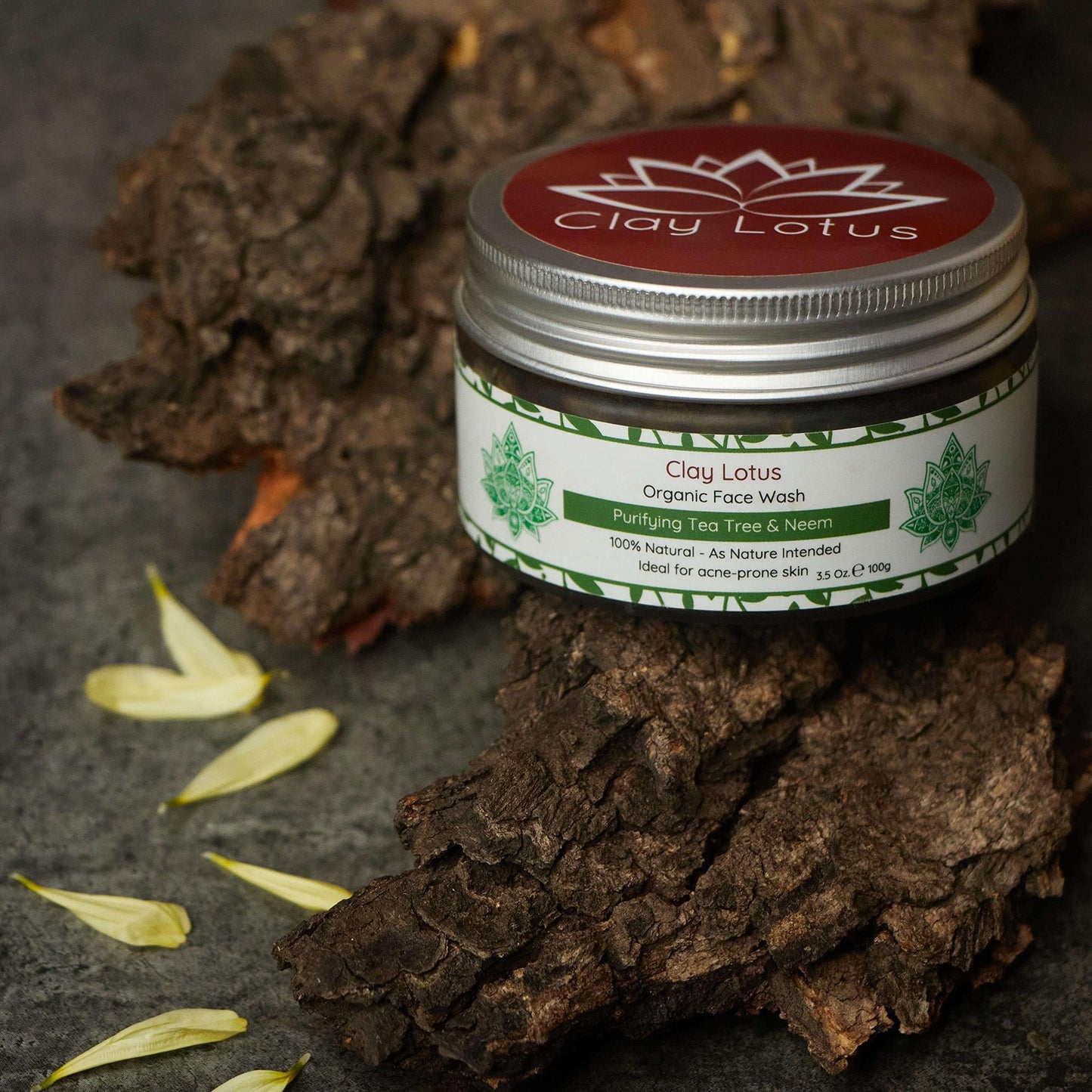 Clay Lotus Organic Face Wash - Acne-Prone, Oily Skin Cleanser with Tea Tree Oil & Neem. All-Natural Ingredients for Blemishes, Redness & Blackheads