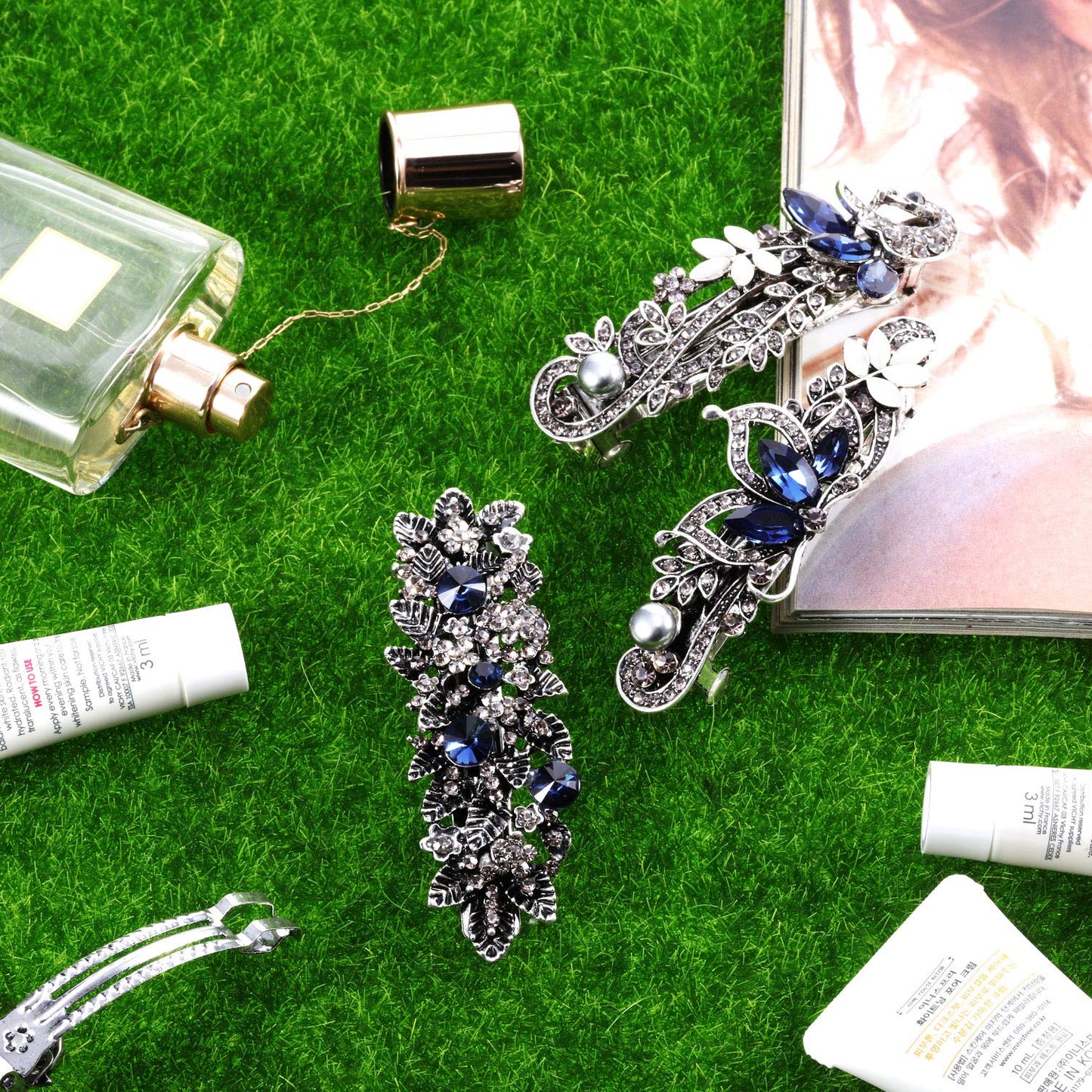 5 Pieces Crystal Rhinestones Hair Barrettes Large Flower Butterfly Pearl French Vintage Clip Wedding Navy Hair Jewelry for Thick long Hair