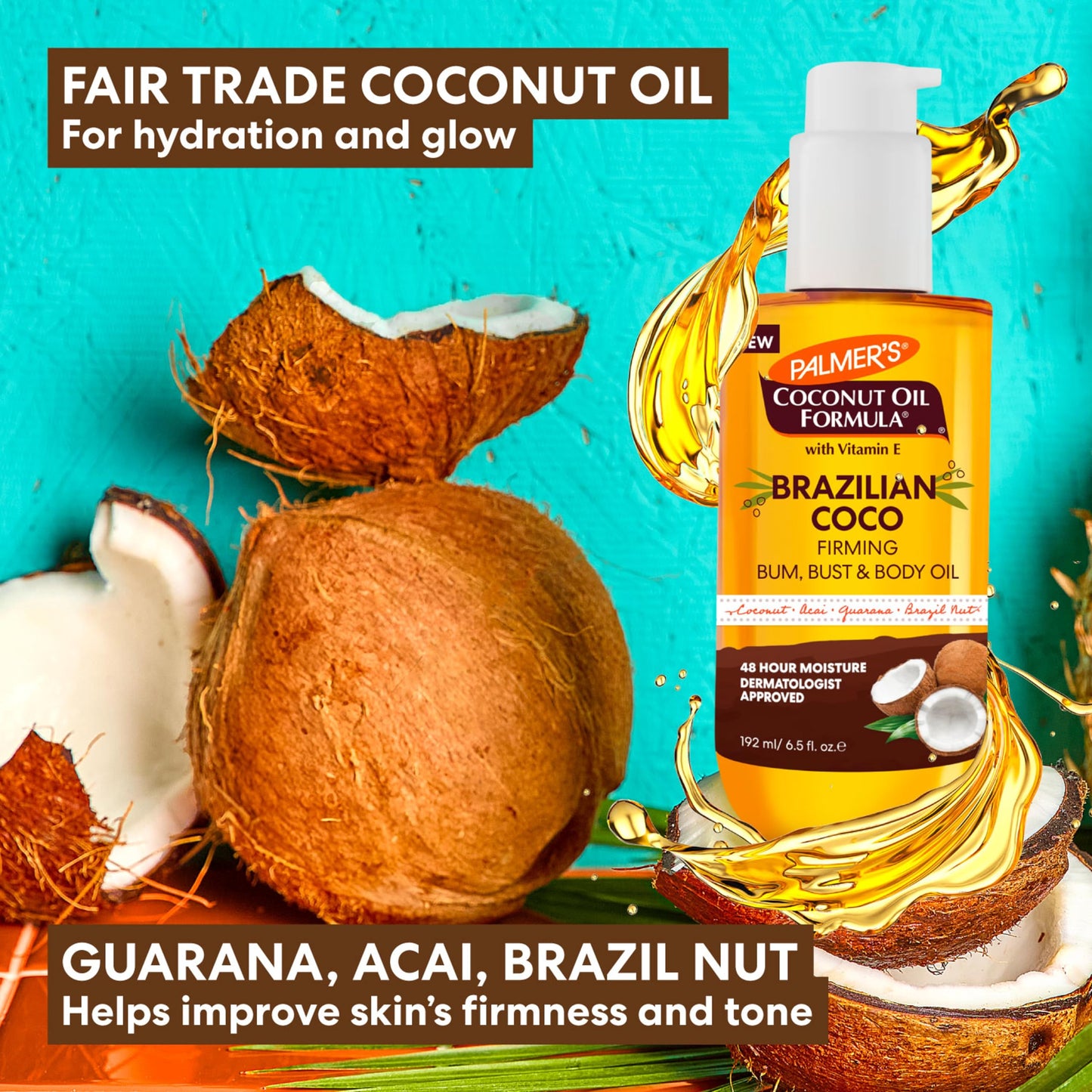 Palmer's Coconut Oil Formula Brazilian Coco Firming Body Oil with Vitamin E, 6.5 Fl Oz, Helps with Skin Tightening & Firming of Bum, Bust & Belly