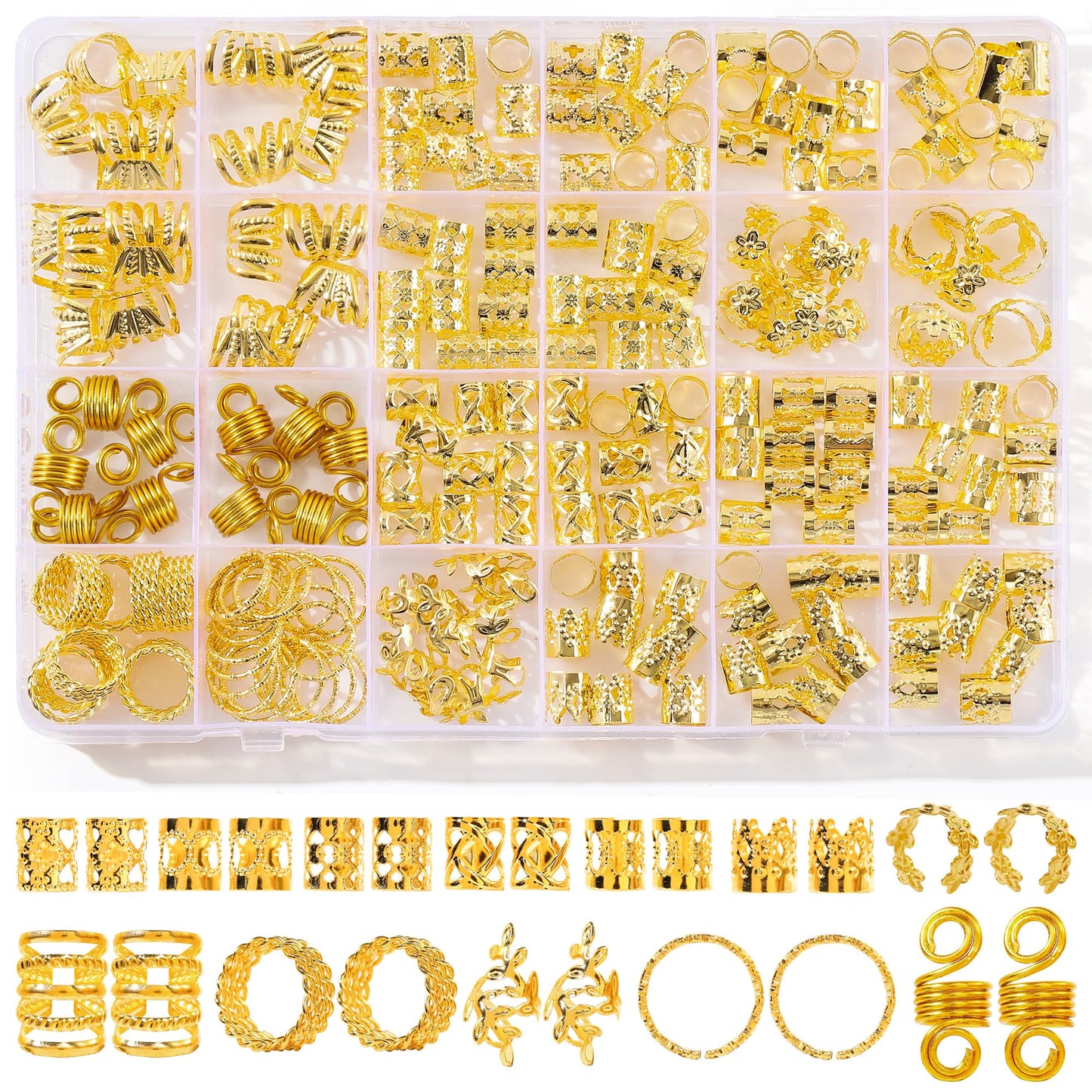 MODASER 220Pcs Gold Hair Jewelry for Braids, 12 Styles Gold Hair Accessories Cuff for Braids and Dreadlocks, Adjustable Metal Rings Cuffs Clips Beauty and Personal Care MODASER Default Title
