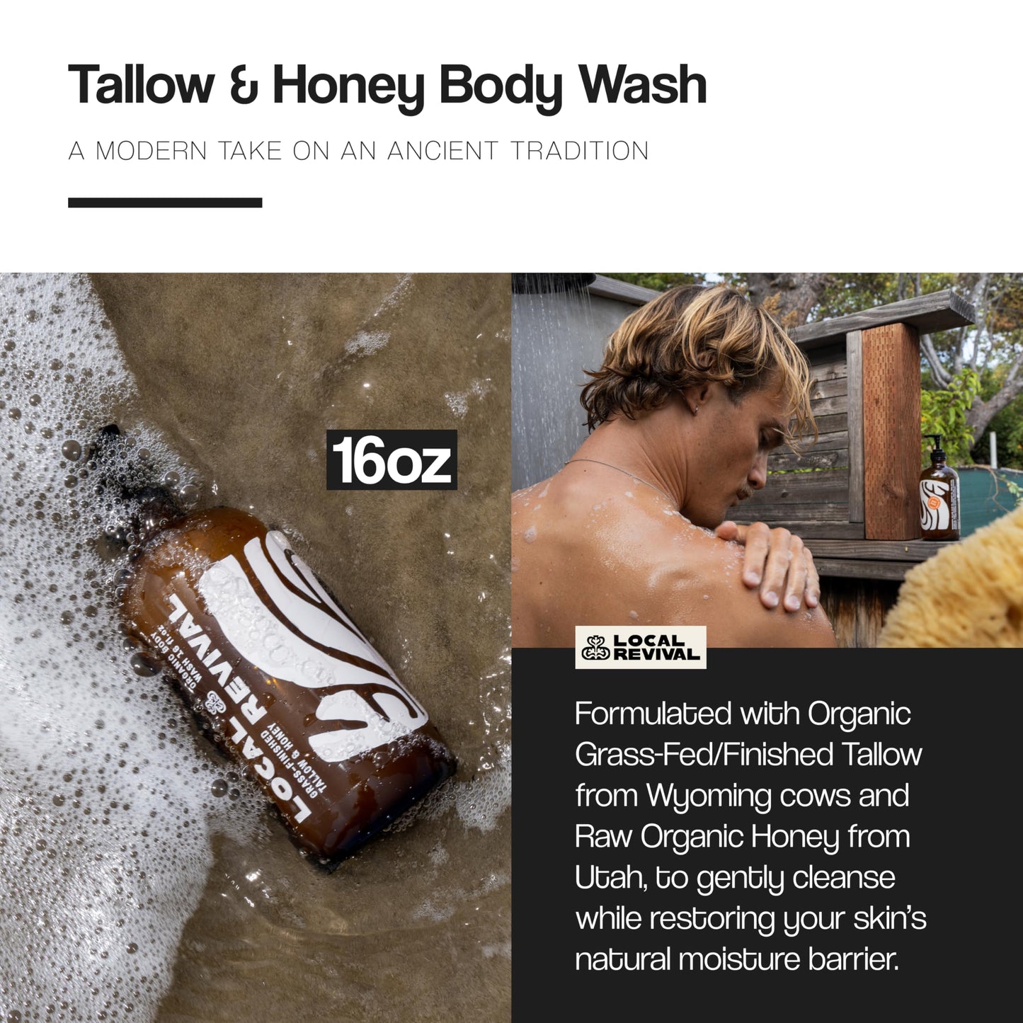 Local Revival Tallow and Honey Body Wash - Wild Coast - Beef Tallow with Honey, Olive Oil, Shea Butter and Jojoba Oil - Moisturizing Body Wash for Men