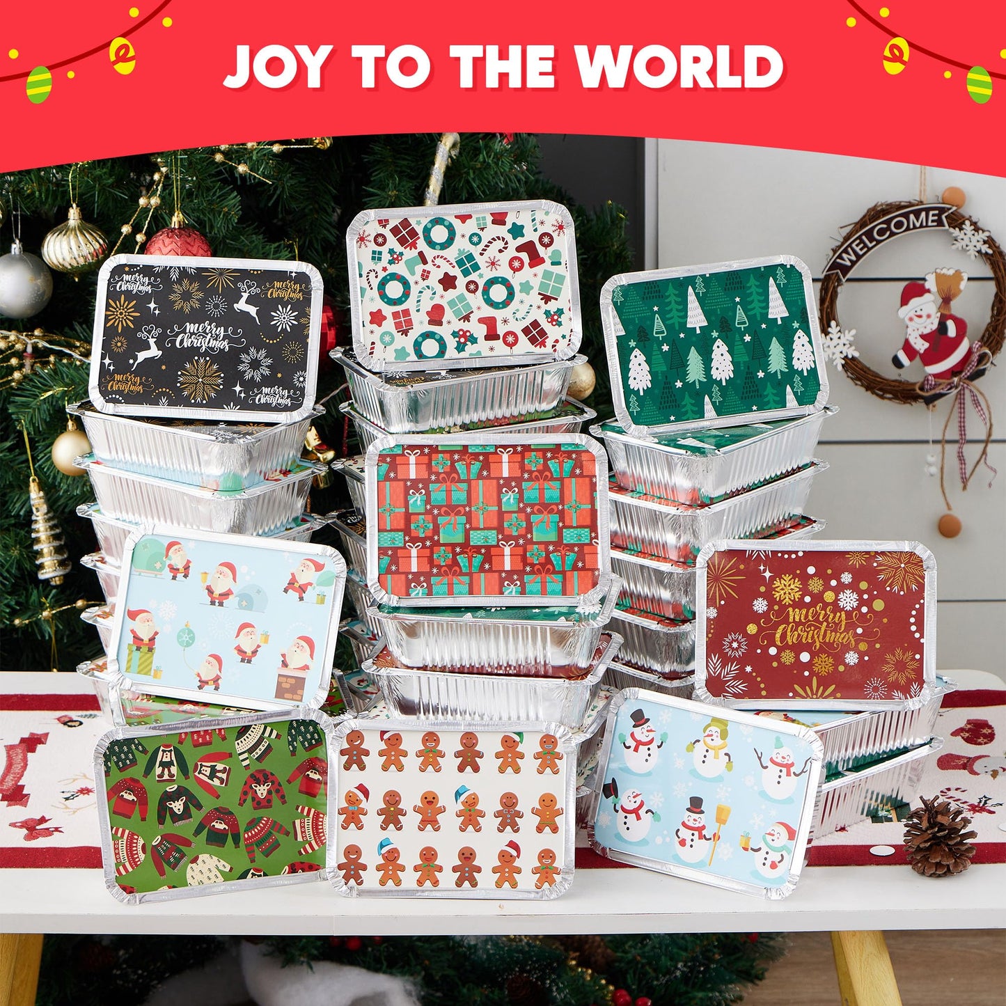 JOYIN 36 Pieces Christmas Foil Containers with Lid, 9 Holiday Designs, 7"x5.5"x2" Christmas Small Gift Bags Santa Sacks, for Holiday Leftovers Goodie…