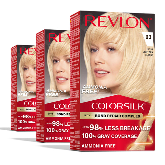 Revlon ColorSilk with Bond Repair Complex, Blonde Permanent Hair Color, 100% Gray Coverage, Ammonia Free Hair Dye, Vegan Keratin, 03 Ultra Light Sun