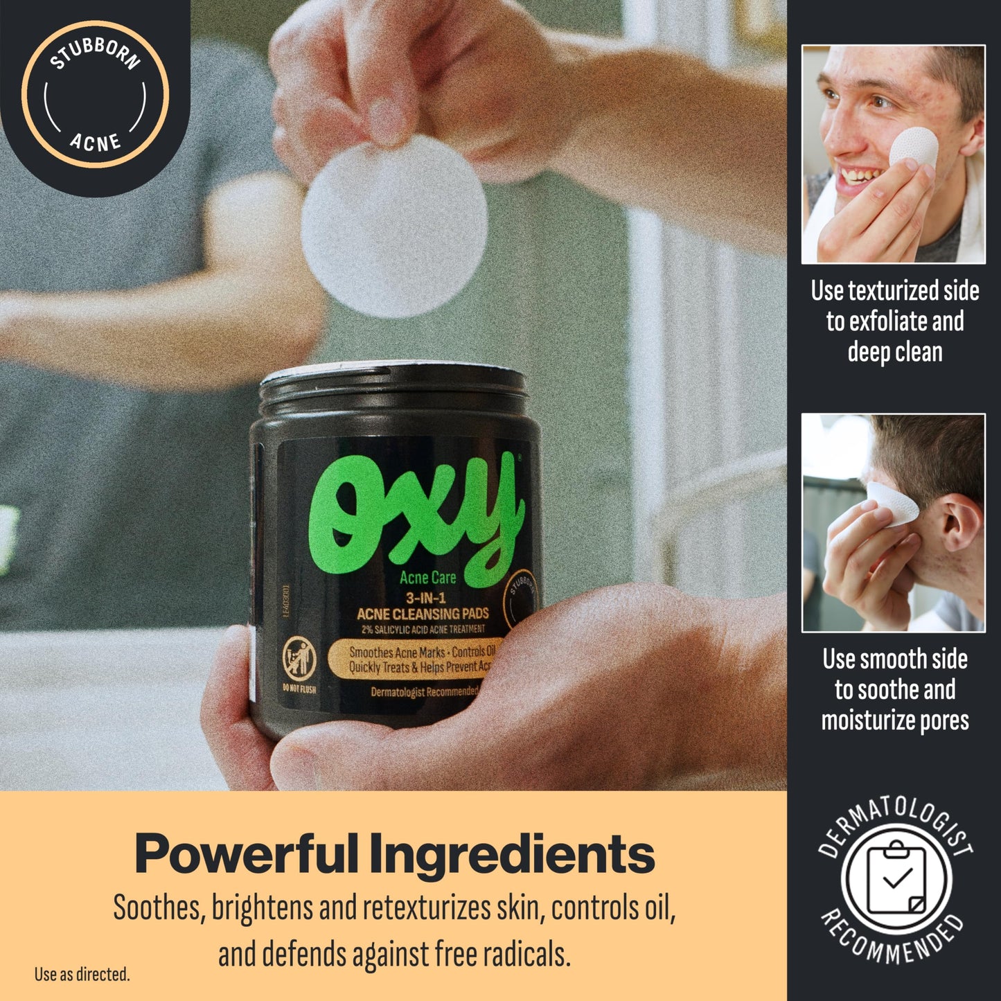 Oxy 3-IN-1 Acne Facial Cleansing Pads, Maximum Strength 2% Salicylic Acid Stubborn Acne Treatment, Controls Oil, Unclogs Pores, Smooths & Brightens