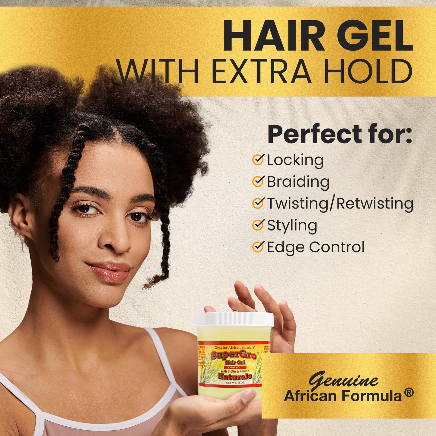 SuperGro Hair Gel with Extra Hold - For Braiding, Locking, Instant Edge Control, Twisting, Retwisting - Natural Grip Jam for Neat Shining - Braid, Loc