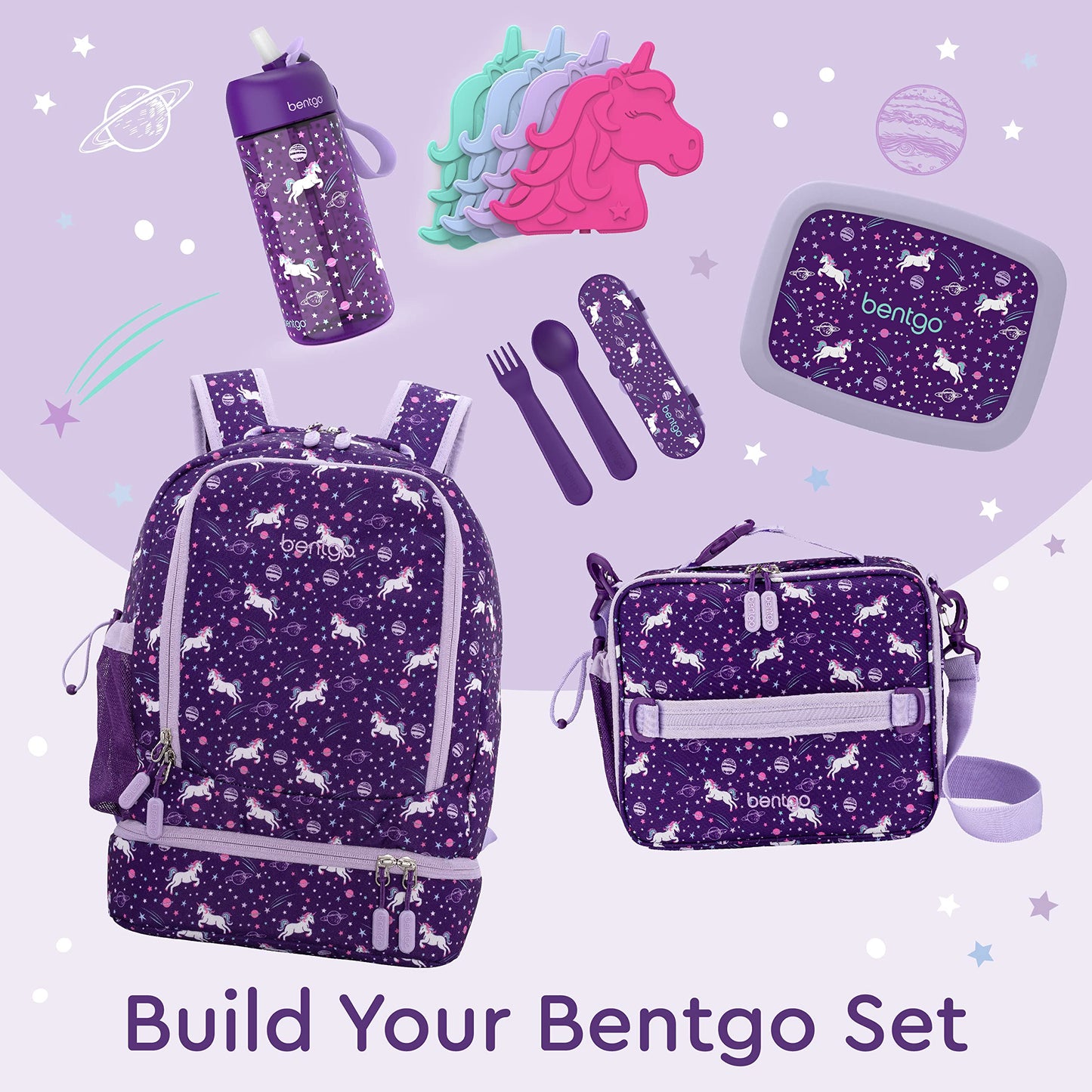 Bentgo Kids 2-in-1 Backpack & Insulated Lunch Bag - Durable 16” Backpack & Lunch Container in Unique Prints for School & Travel - Water Resistant, Padded & Large Compartments (Unicorn)