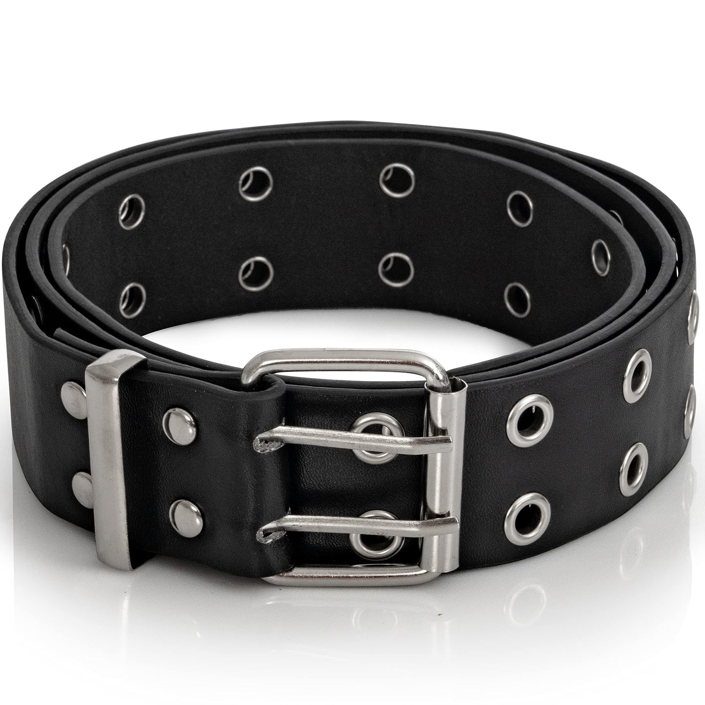 Skeleteen Grommet Faux Leather Belt - Black Faux Leather 2 Prong and Holes Aesthetic Grunge Belts for Men Women and Kids (Black, Extra Large)